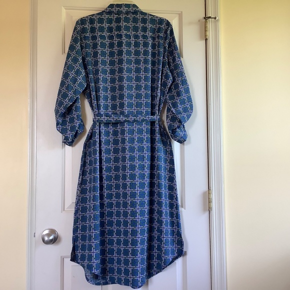 C. Wonder Midi Length Lattice Print Button Front Shirt Dress Blue/Green SZ 14 - Picture 10 of 16